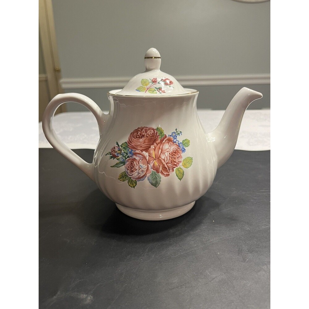 Vtg Arthur Wood England Pink Roses Swirl Gold Trim Teapot